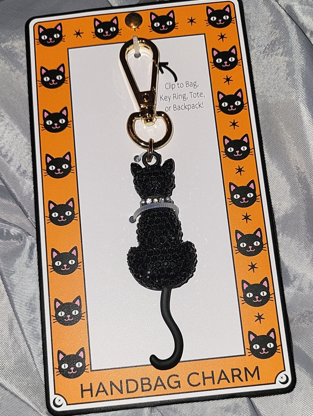 Cat Handbag Charm Keychain - Black Crystal with Gold Clip Ta